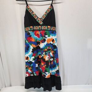 Neslay Embroidered Smoked Spaghetti Strap Black Floral Ruffle Dress Size Medium